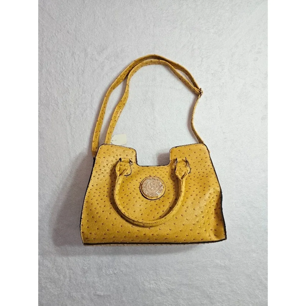 B.Iconic Luxury Handbag Yellow Ostrich Embossed Satchel Crossbody Bag NEW